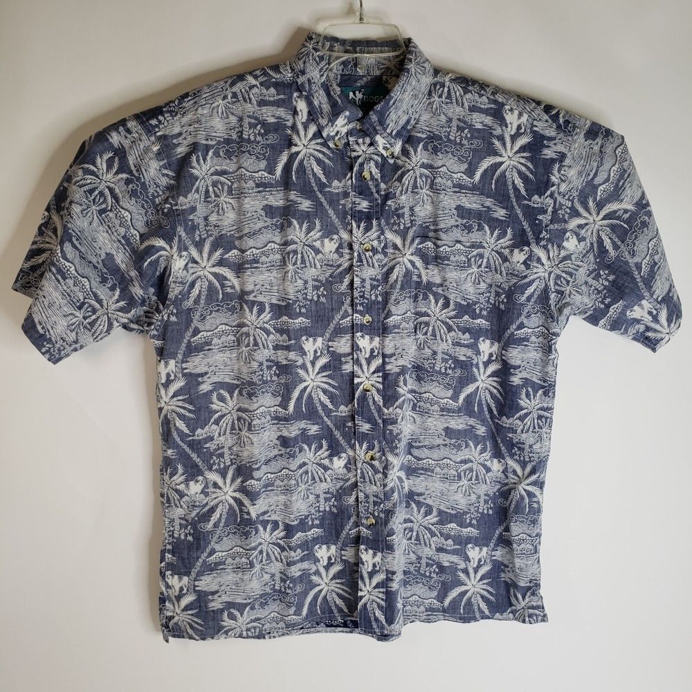 Vintage Big Dogs Reverse Print Hawaiian Shirt Large Cotton Blue White Palms 50"